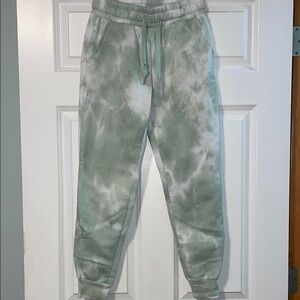 Green and White Tie-Dye Joggers with Elastic Cuffs
